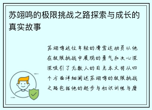 苏翊鸣的极限挑战之路探索与成长的真实故事